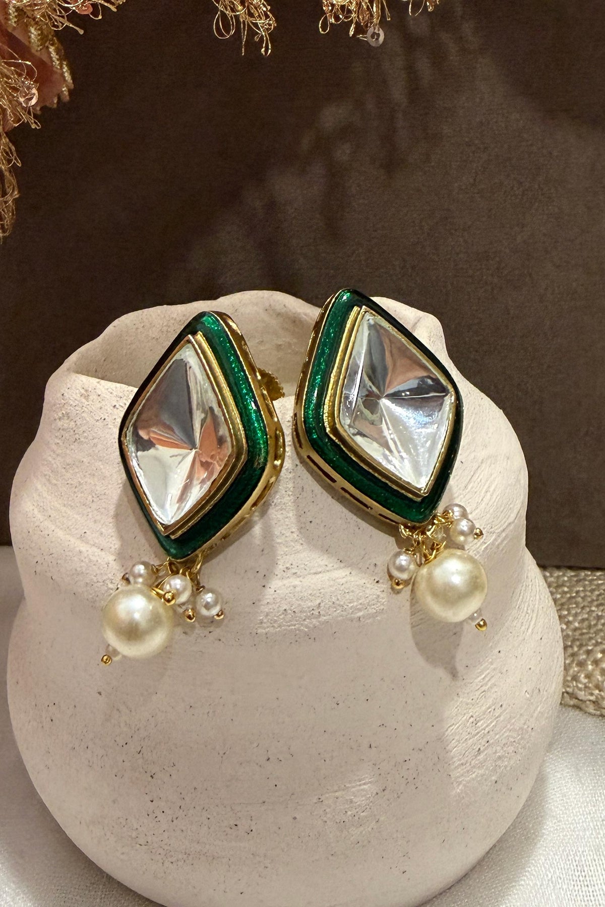 Uncut Polki Enamel Pearl Drop Earrings 
