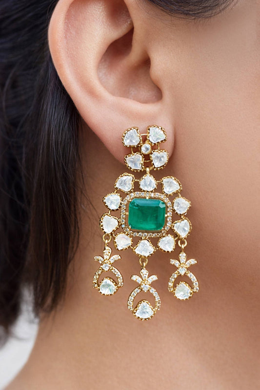 Chandbali Emerald Polki Zircon Danglers 