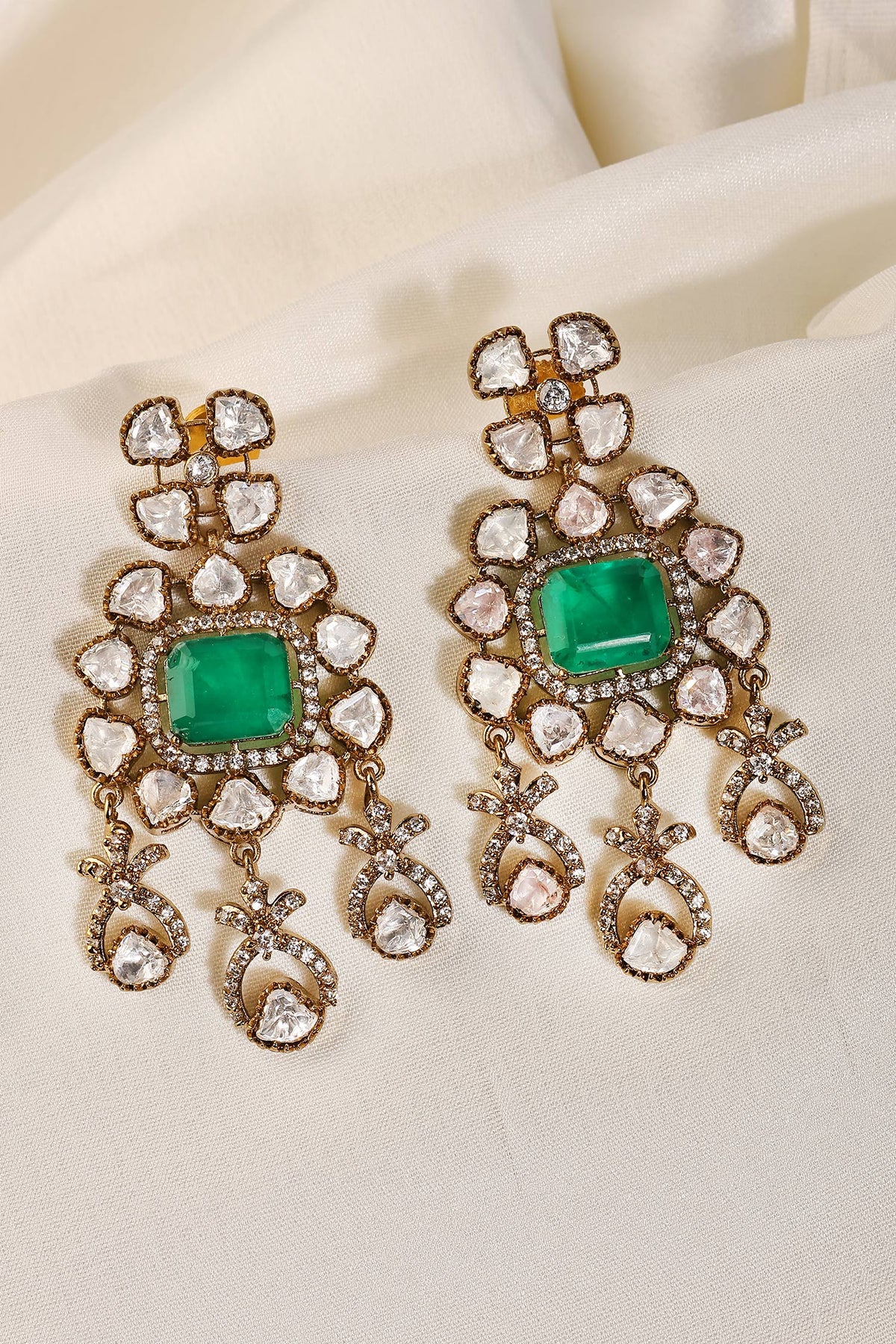 Chandbali Emerald Polki Zircon Danglers 