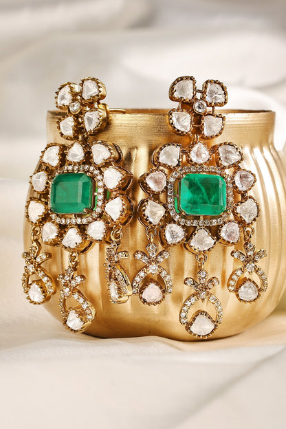 Chandbali Emerald Polki Zircon Danglers 