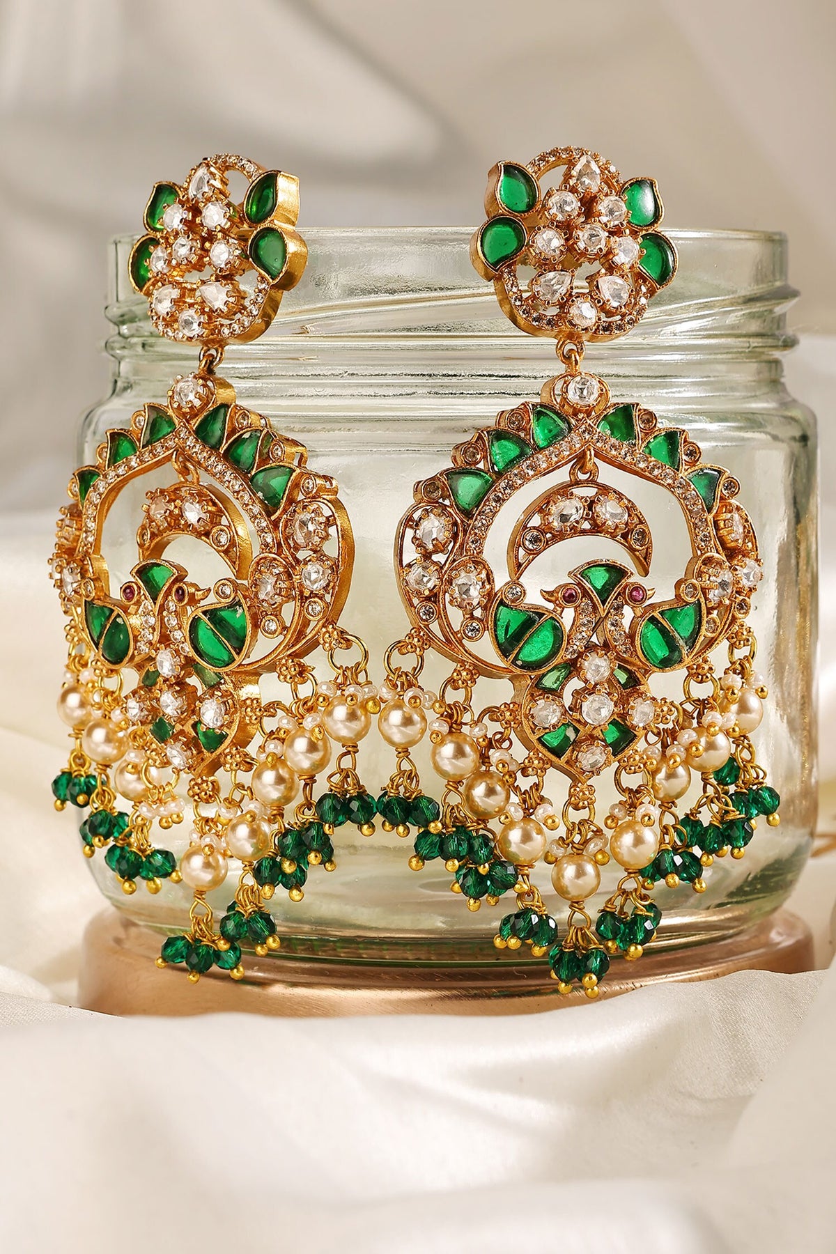 Peacock Polki Pearl & Emerald Chandbalis 