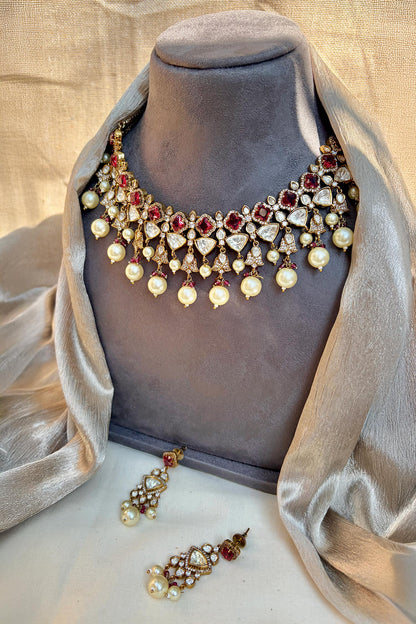 Ruby Polki Zircon Pearl Necklace & Earring Set 