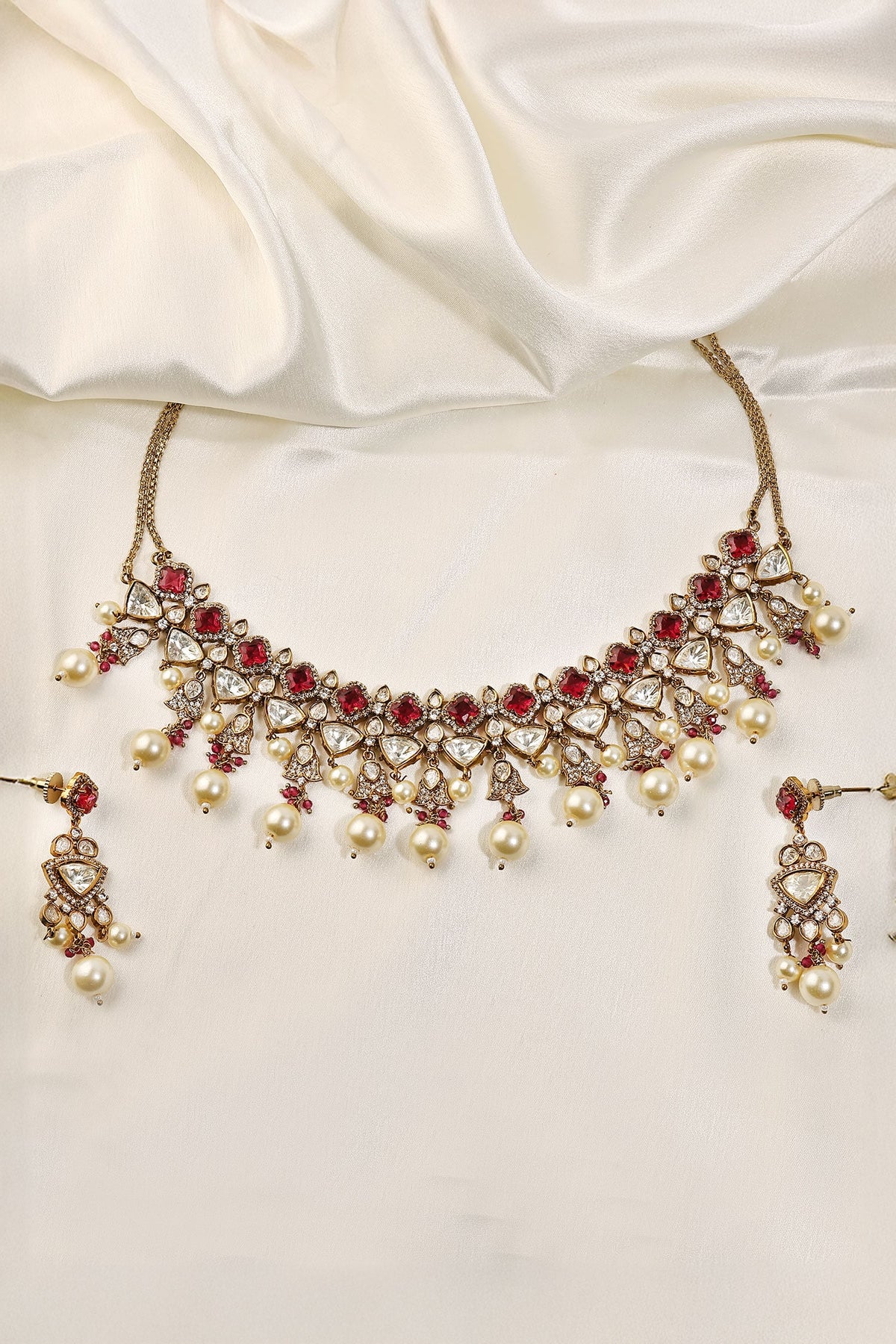 Ruby Polki Zircon Pearl Necklace & Earring Set 