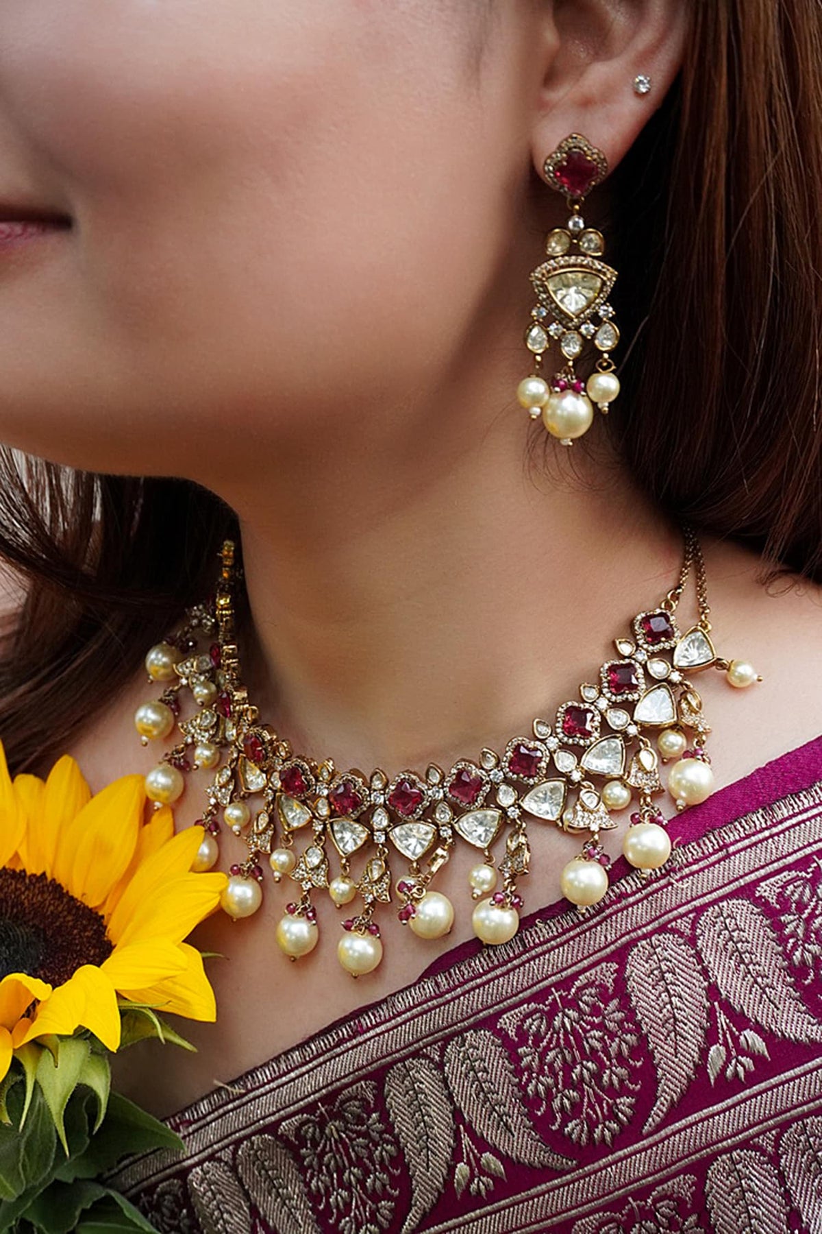 Ruby Polki Zircon Pearl Necklace & Earring Set 