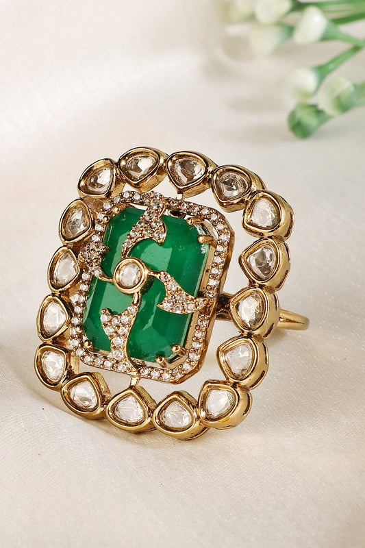 Emerald Stone Polki Petal Border Ring 
