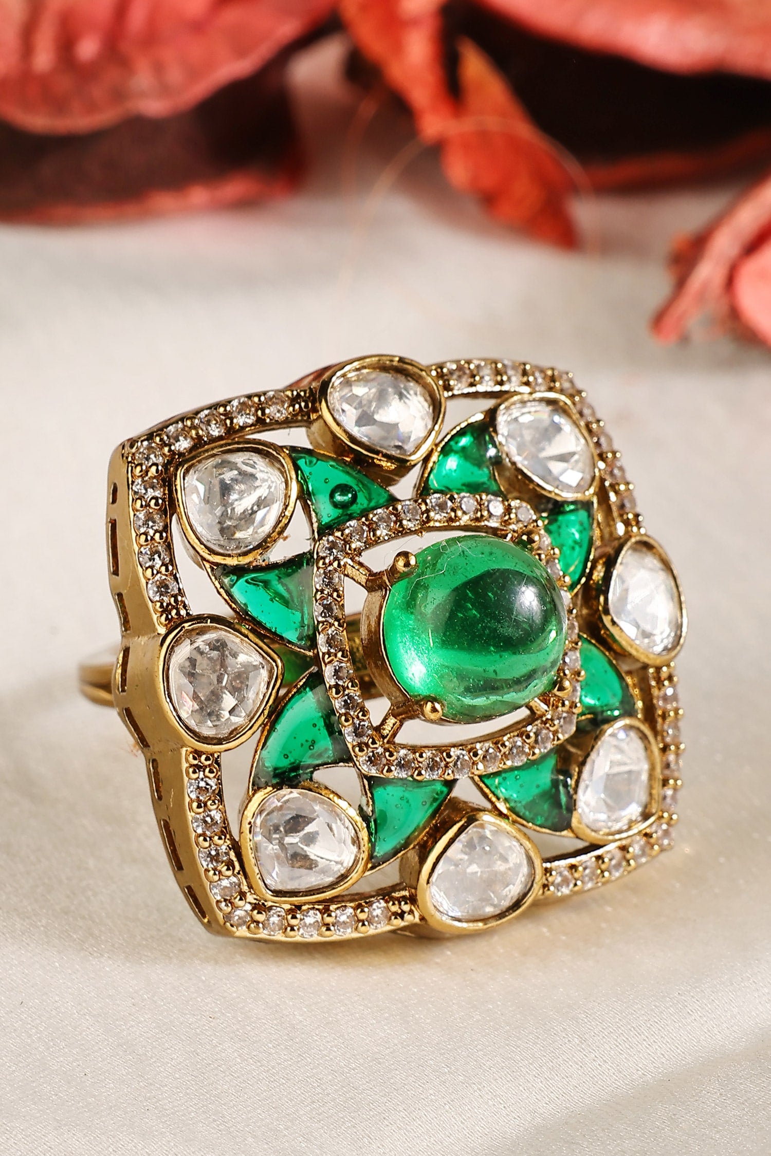 Dome Emerald Polki Zircon Square Frame Ring 