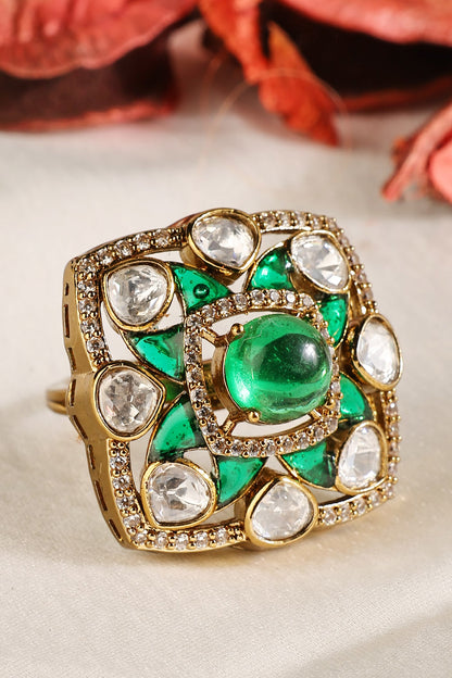 Dome Emerald Polki Zircon Square Frame Ring 