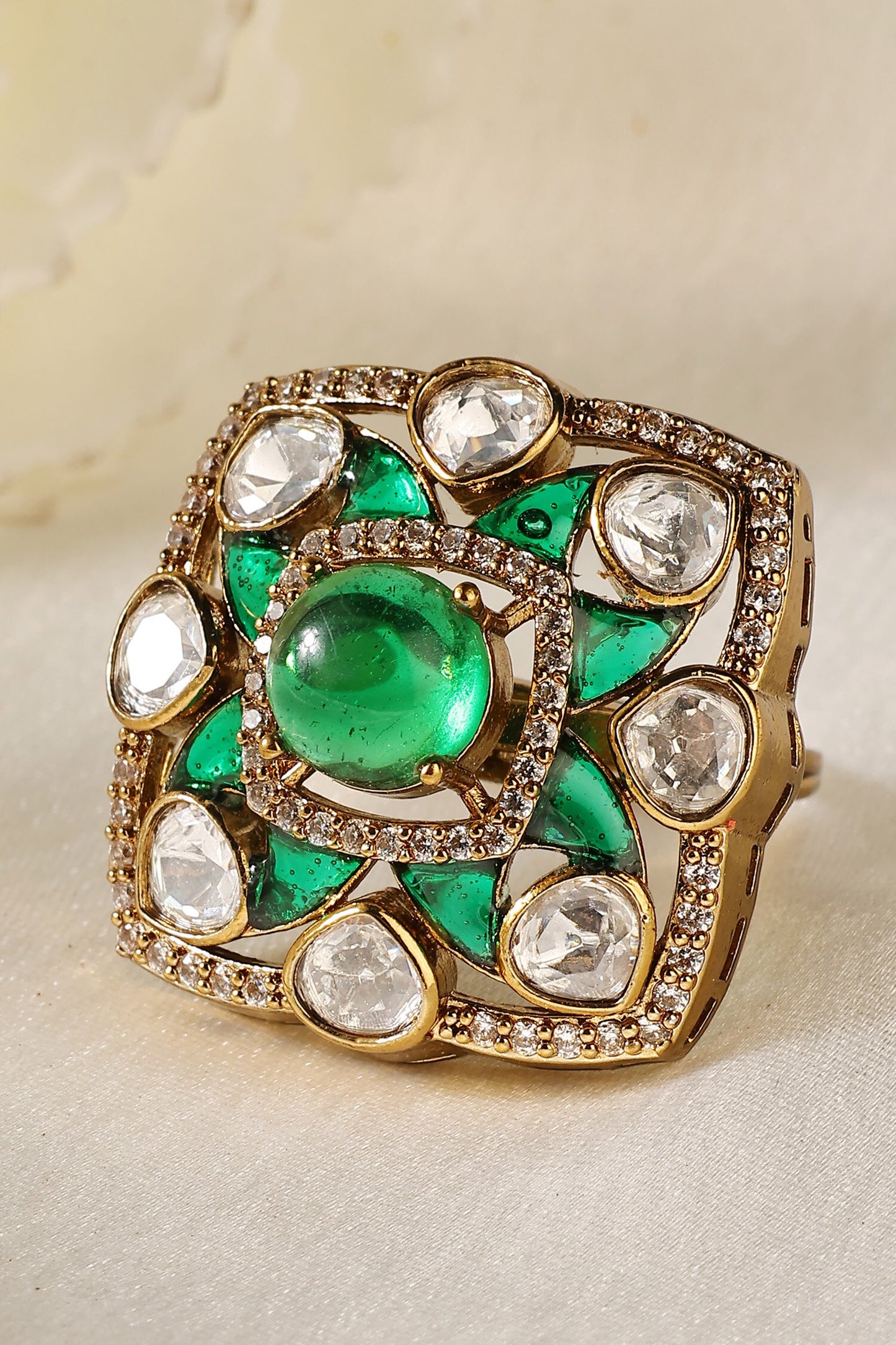 Dome Emerald Polki Zircon Square Frame Ring 