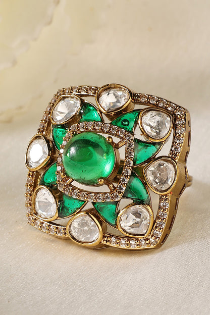 Dome Emerald Polki Zircon Square Frame Ring 