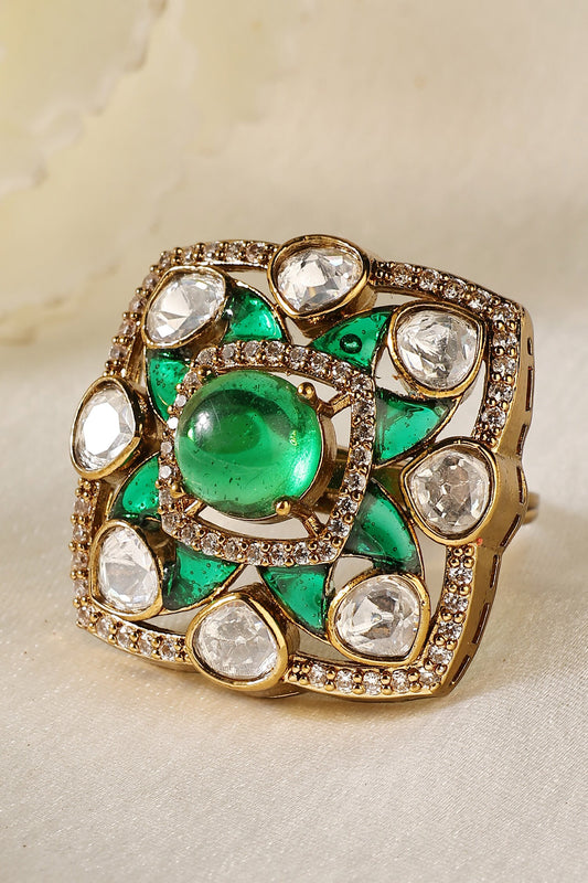 Dome Emerald Polki Zircon Square Frame Ring 