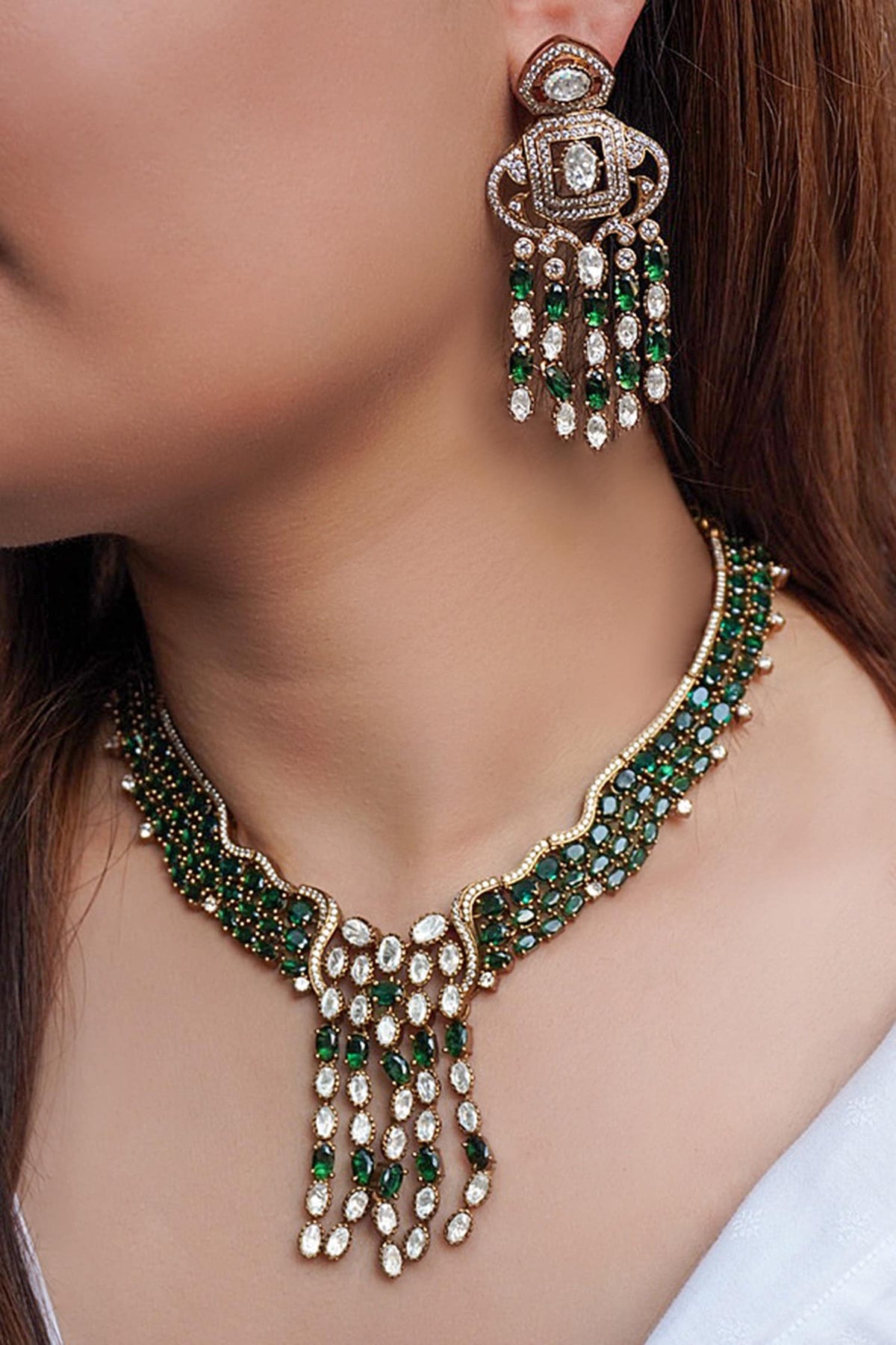 Emerald Zircon Cluster Necklace & Earring Set 