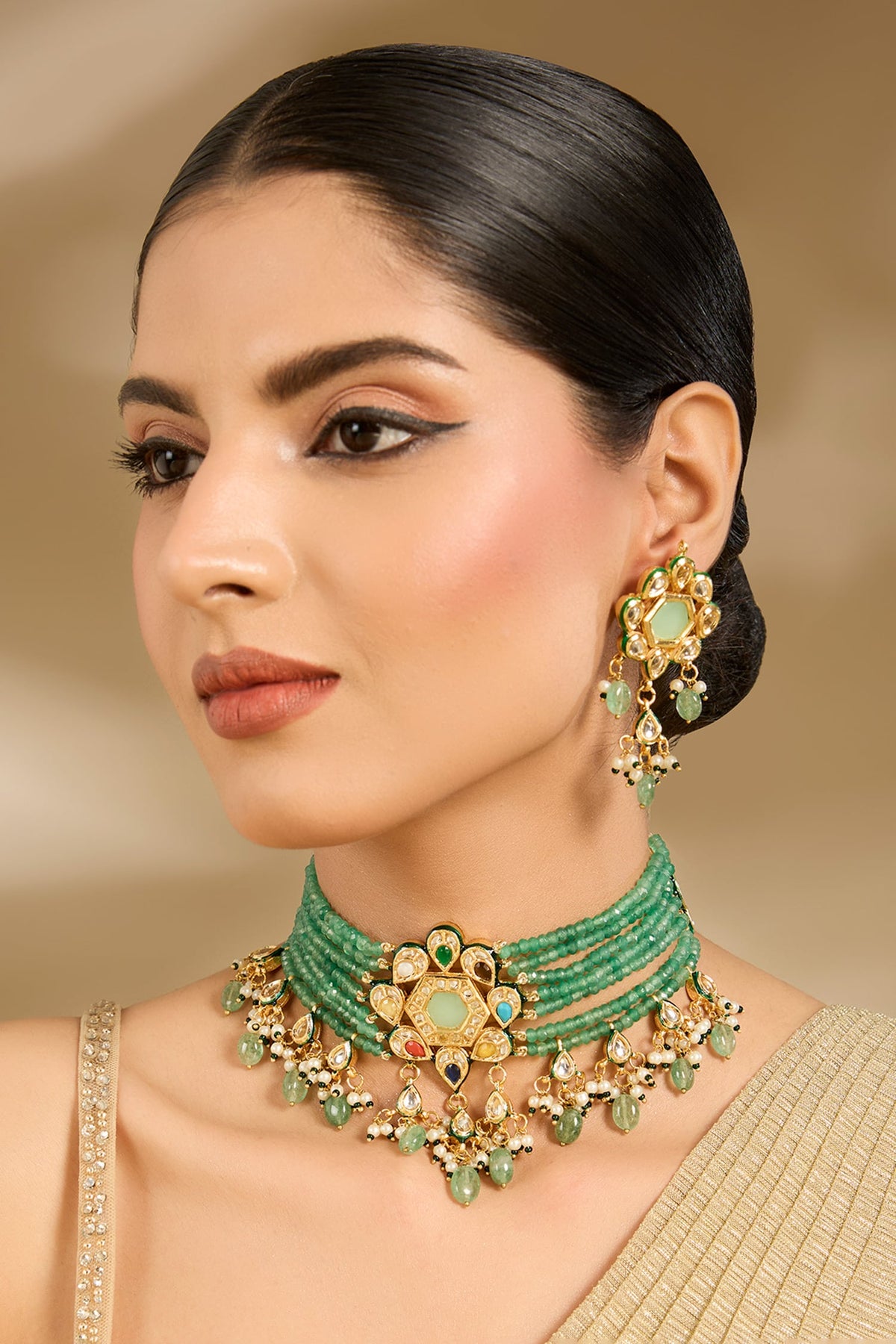Gold & Green Beaded Choker Set 