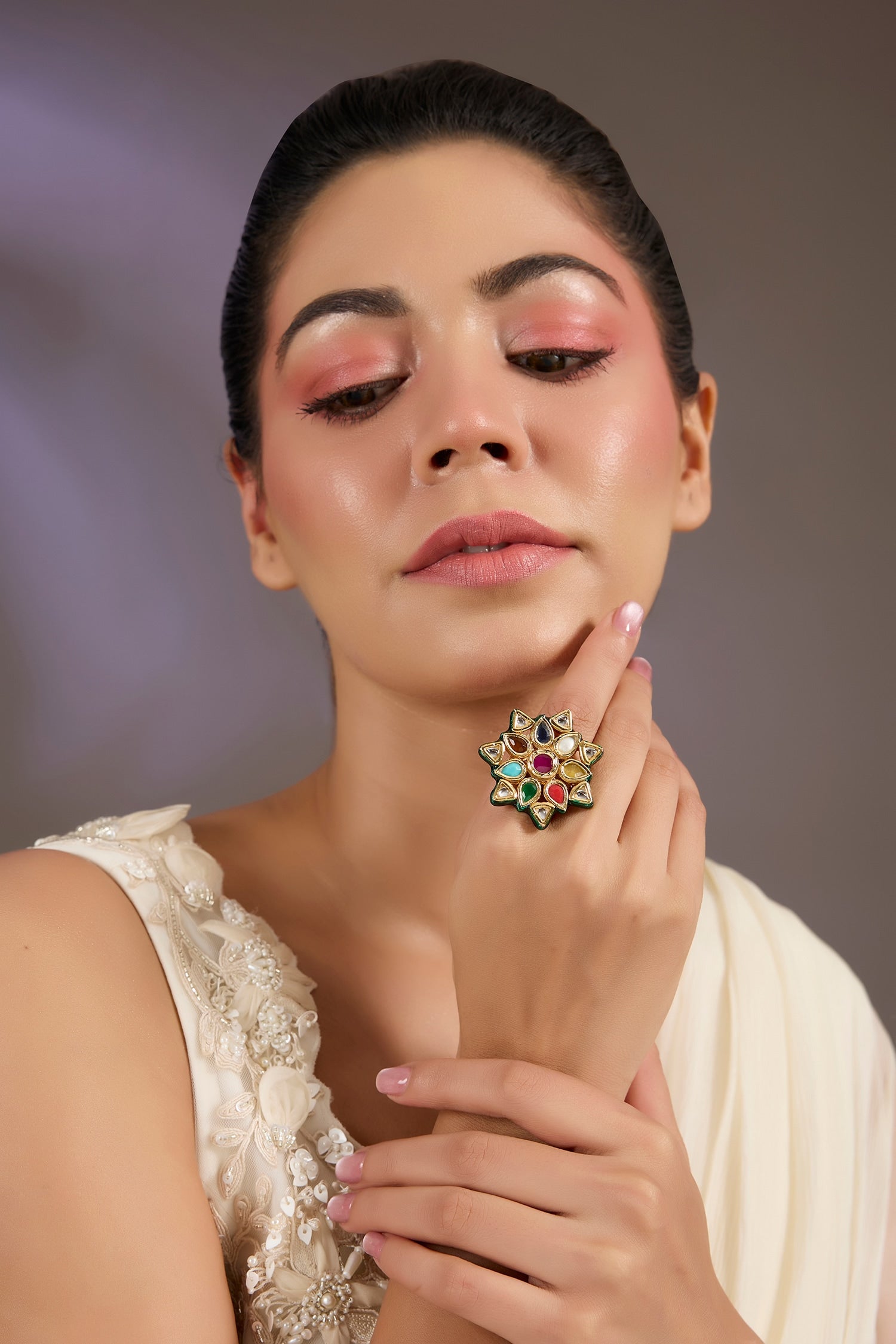Multicolor Kundan Statement Ring 