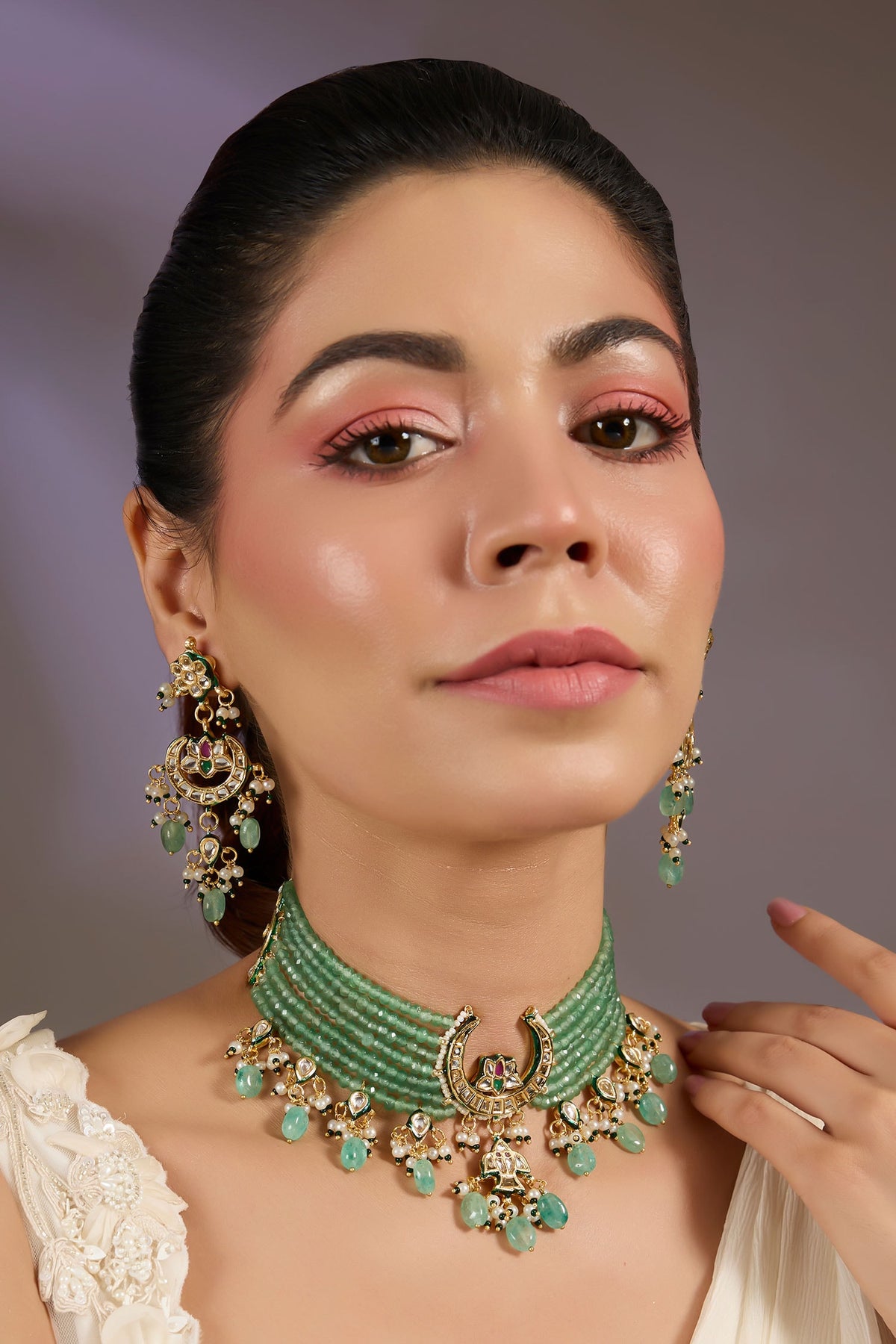 Green Beaded Kundan Choker Set 