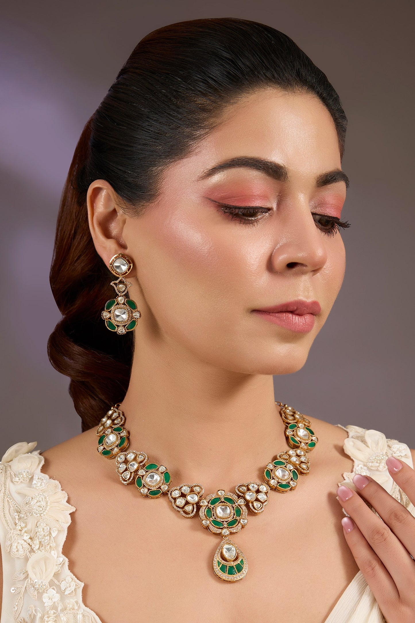 Gold & Emerald Kundan Necklace Set 