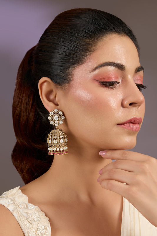 Pearl & Kundan Drop Jhumka Earrings 