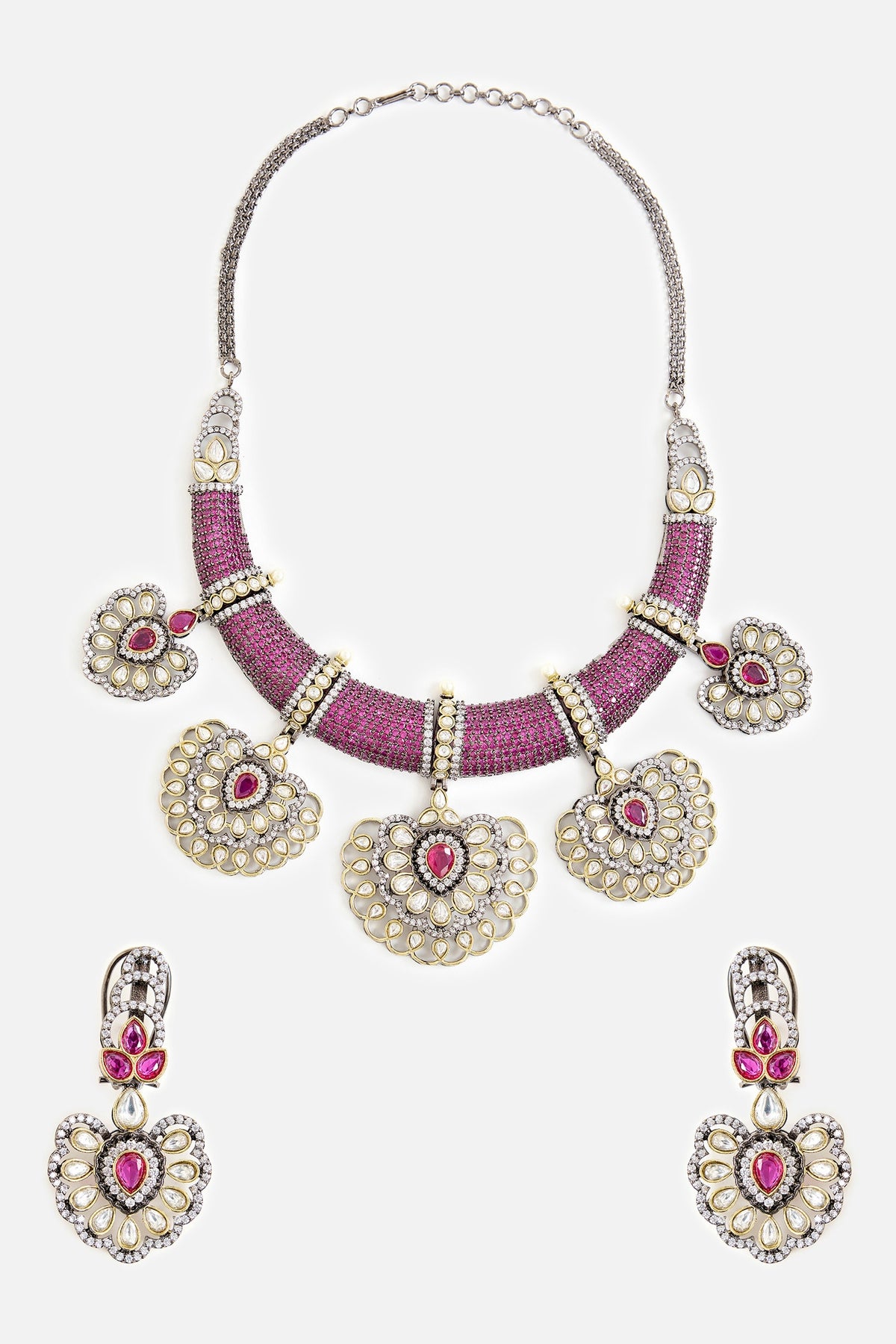 Purple Bead & Kundan Embellished Necklace Set 