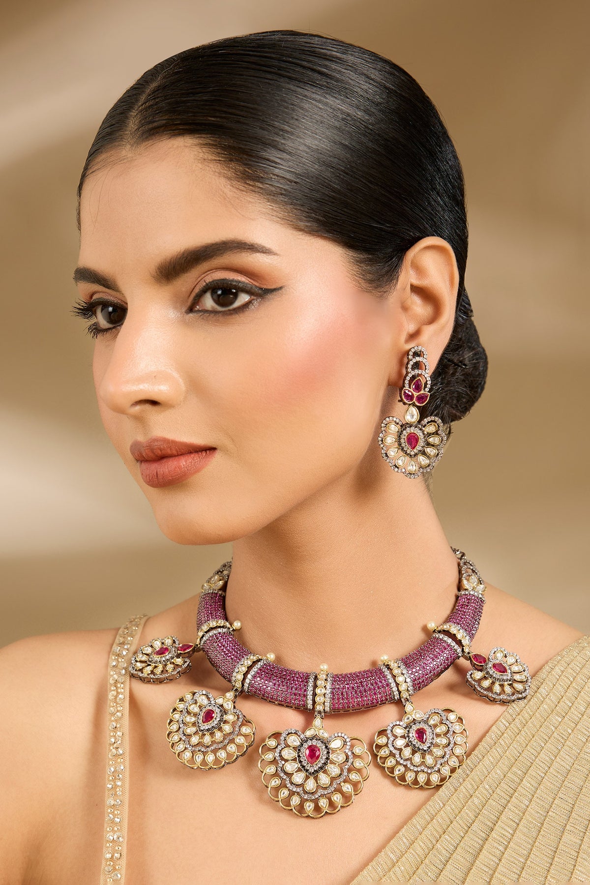 Purple Bead & Kundan Embellished Necklace Set 