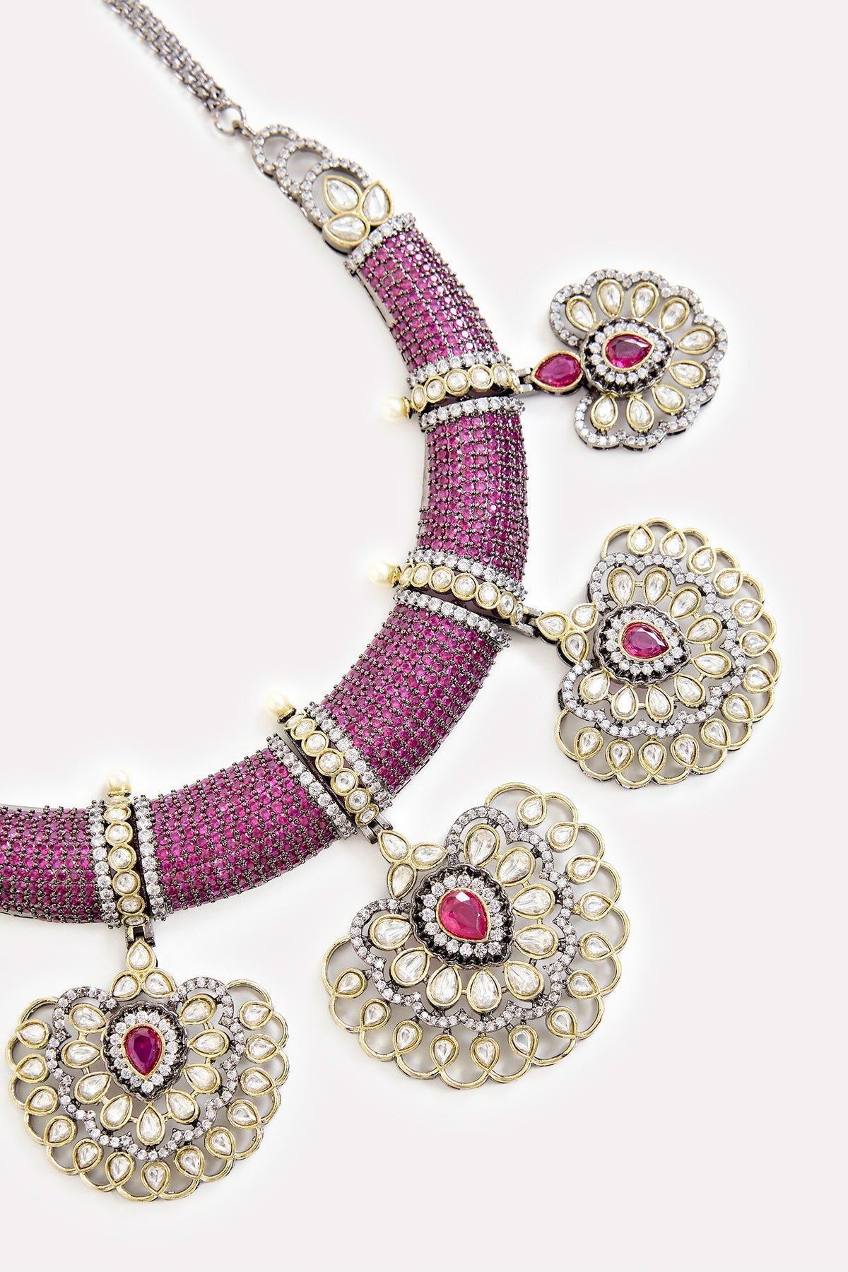 Purple Bead & Kundan Embellished Necklace Set 