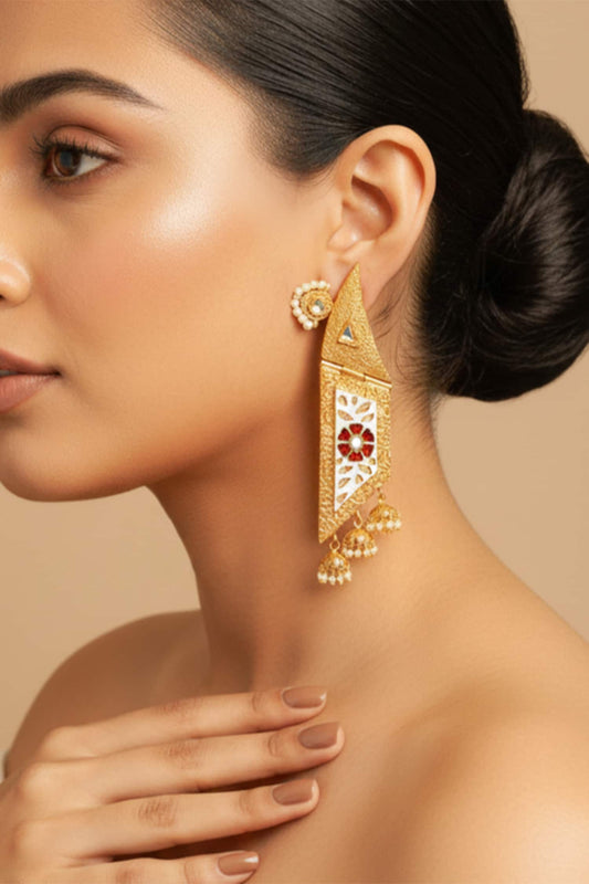 Geometric Floral Enameled Jhumka Earrings 