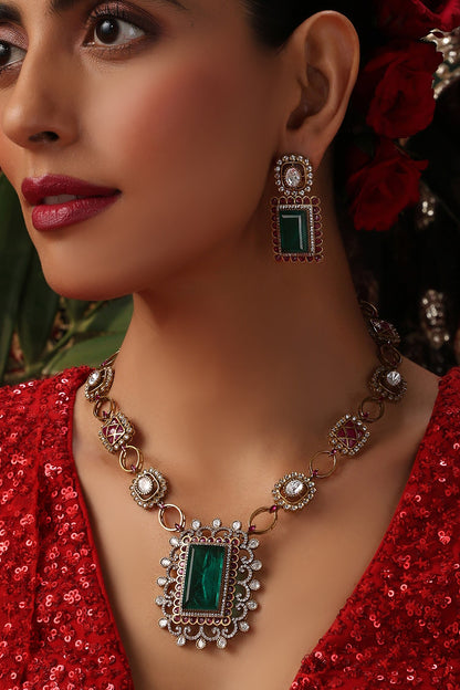 Emerald Green Polki Pendant Necklace Set 