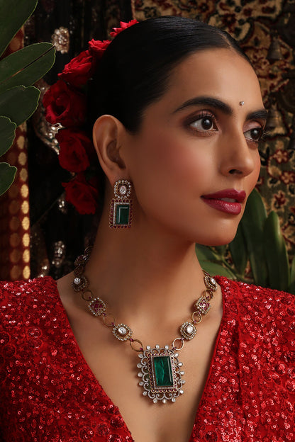 Emerald Green Polki Pendant Necklace Set 