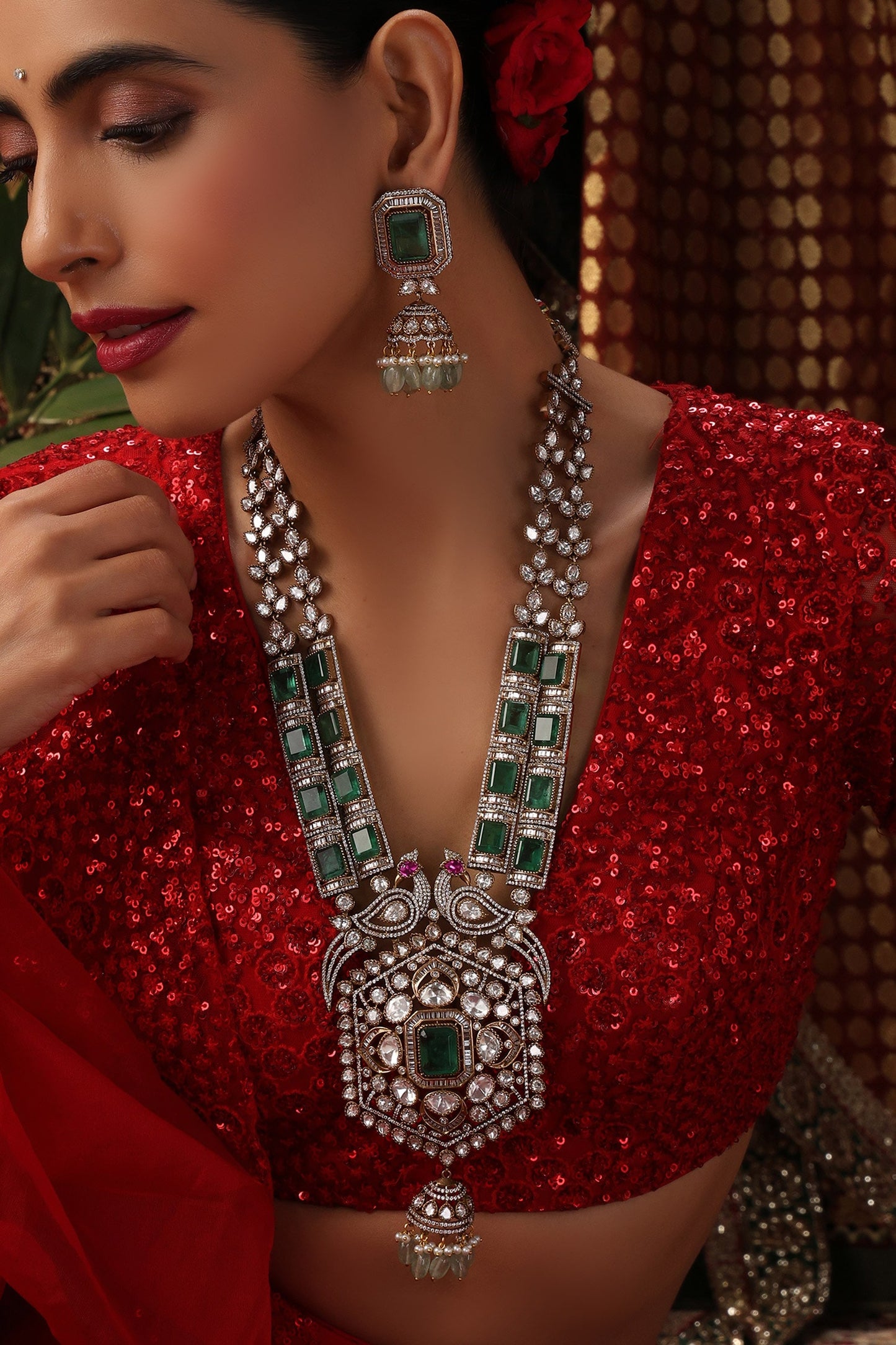 Polki Embellished Long Pendant Necklace Set 