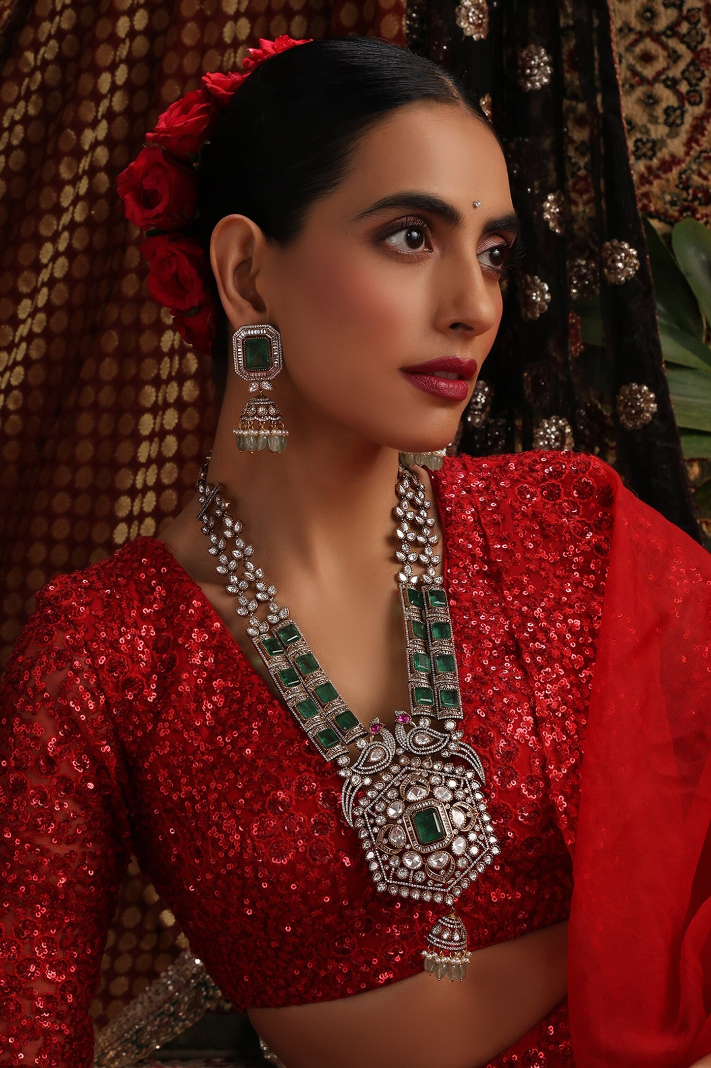 Polki Embellished Long Pendant Necklace Set 