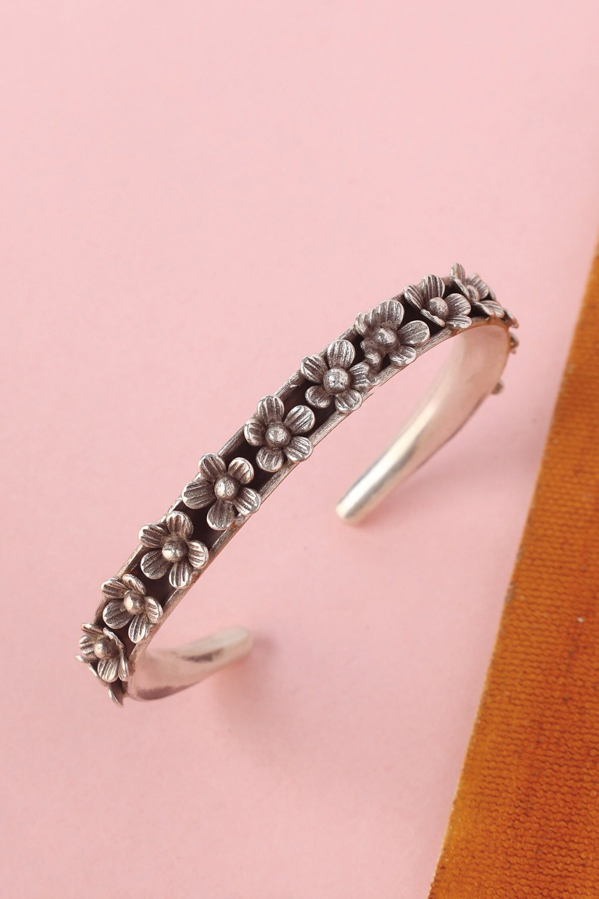 Handmade Floral Oxidized Silver Cuff Bangle 