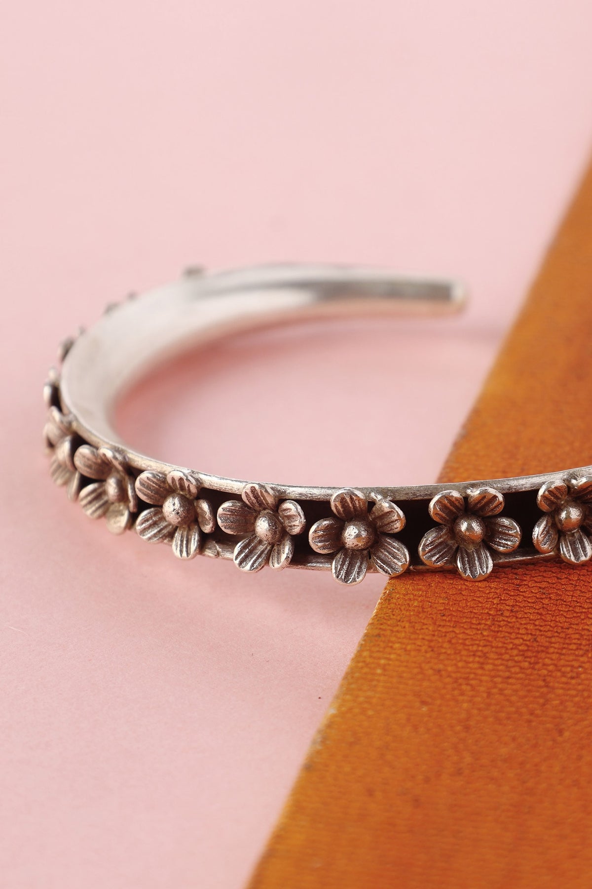 Handmade Floral Oxidized Silver Cuff Bangle 