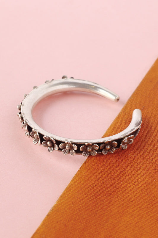 Handmade Floral Oxidized Silver Cuff Bangle 