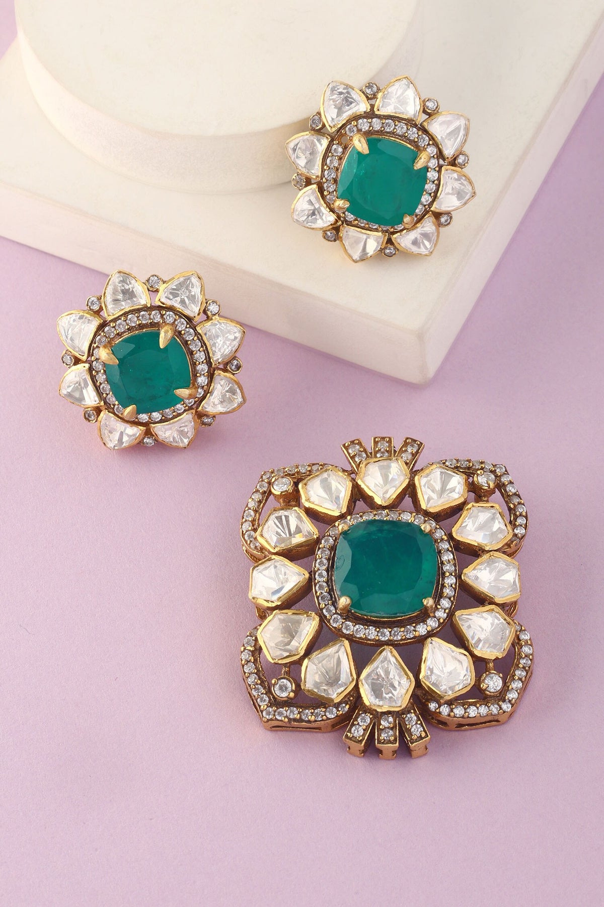 Floral Carved Pendant & Earrings Set 