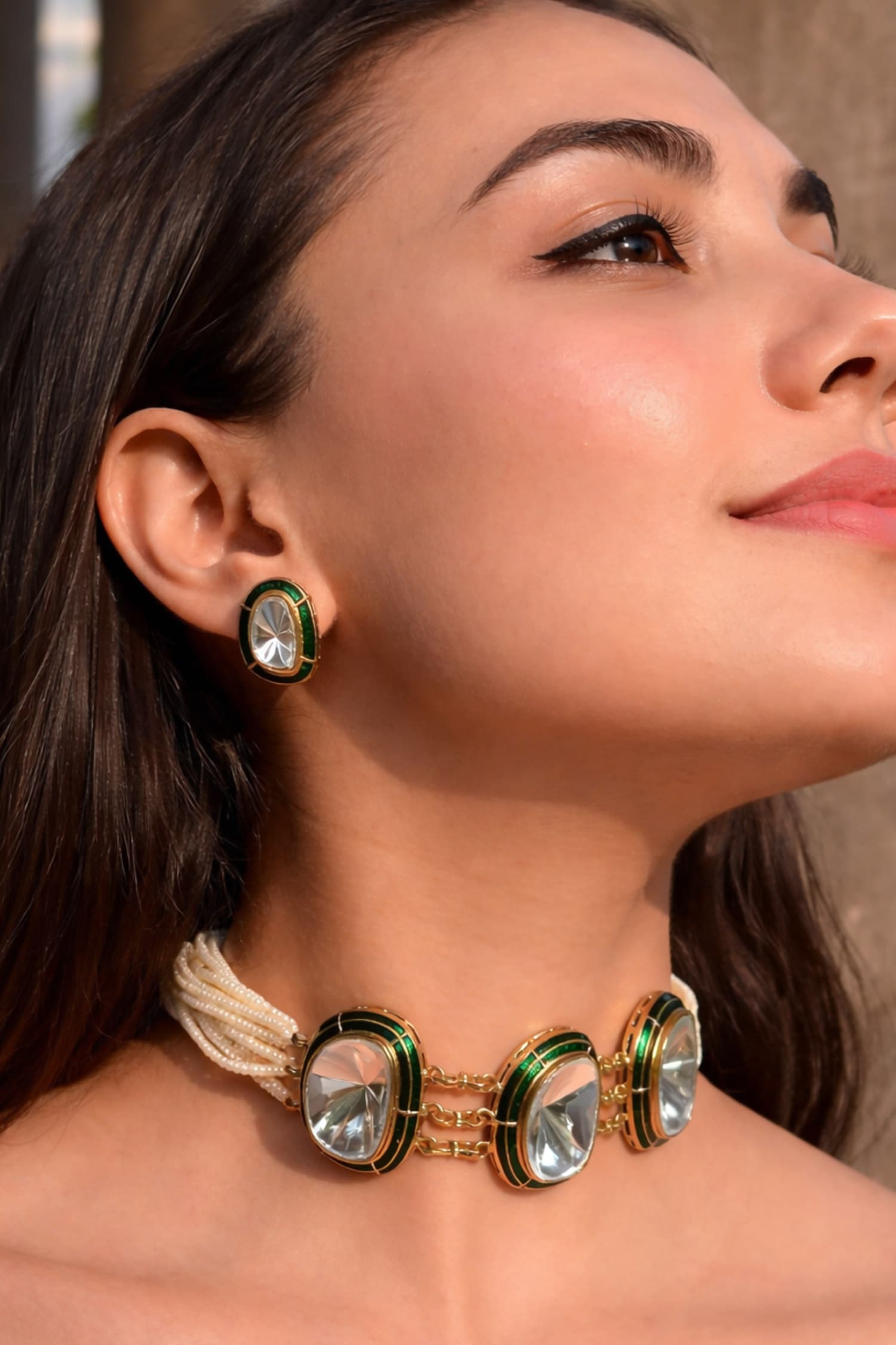 Polki Enamel Necklace & Earrings Set 