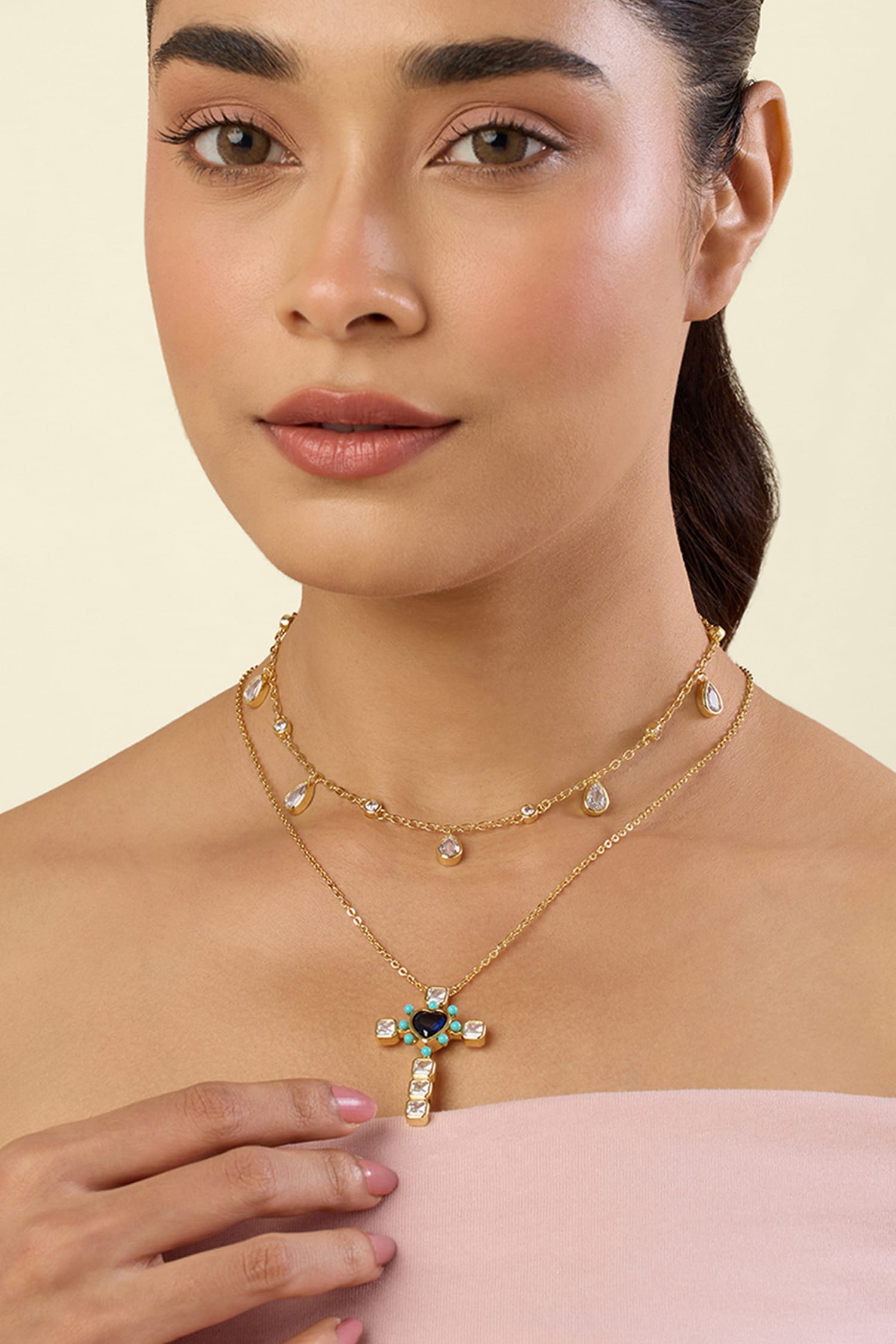 Gold Plated Cross Layers Necklace - 2 Pcs 