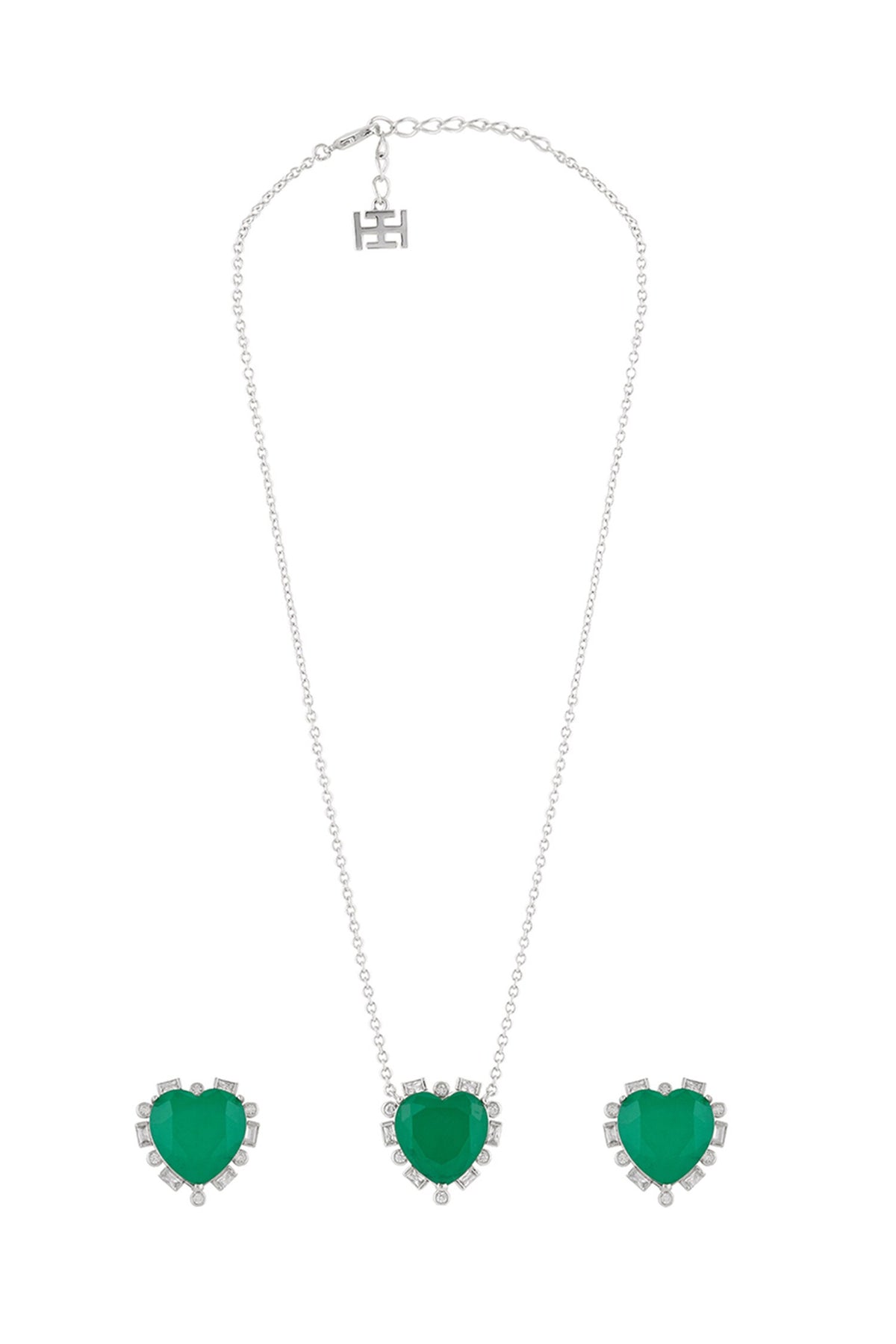 Emerald Hearts Pendant Necklace & Earrings Set 