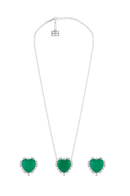Emerald Hearts Pendant Necklace & Earrings Set 