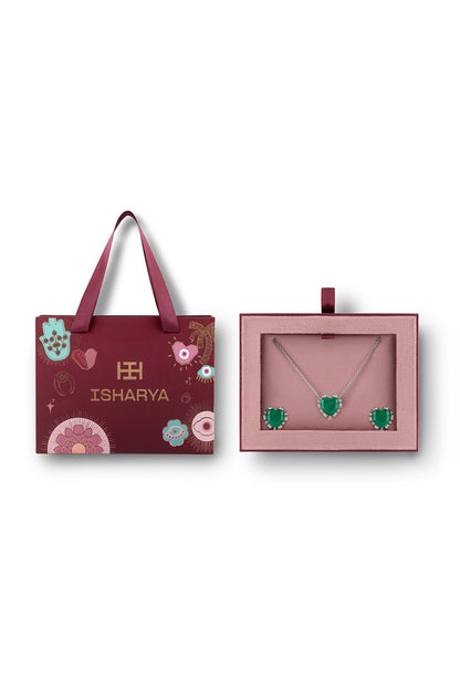 Emerald Hearts Pendant Necklace & Earrings Set 