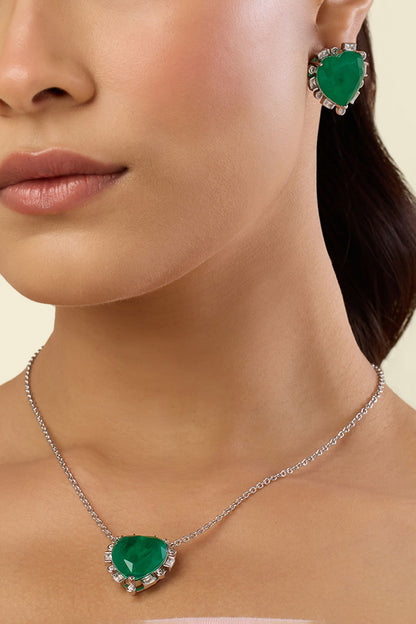Emerald Hearts Pendant Necklace & Earrings Set 