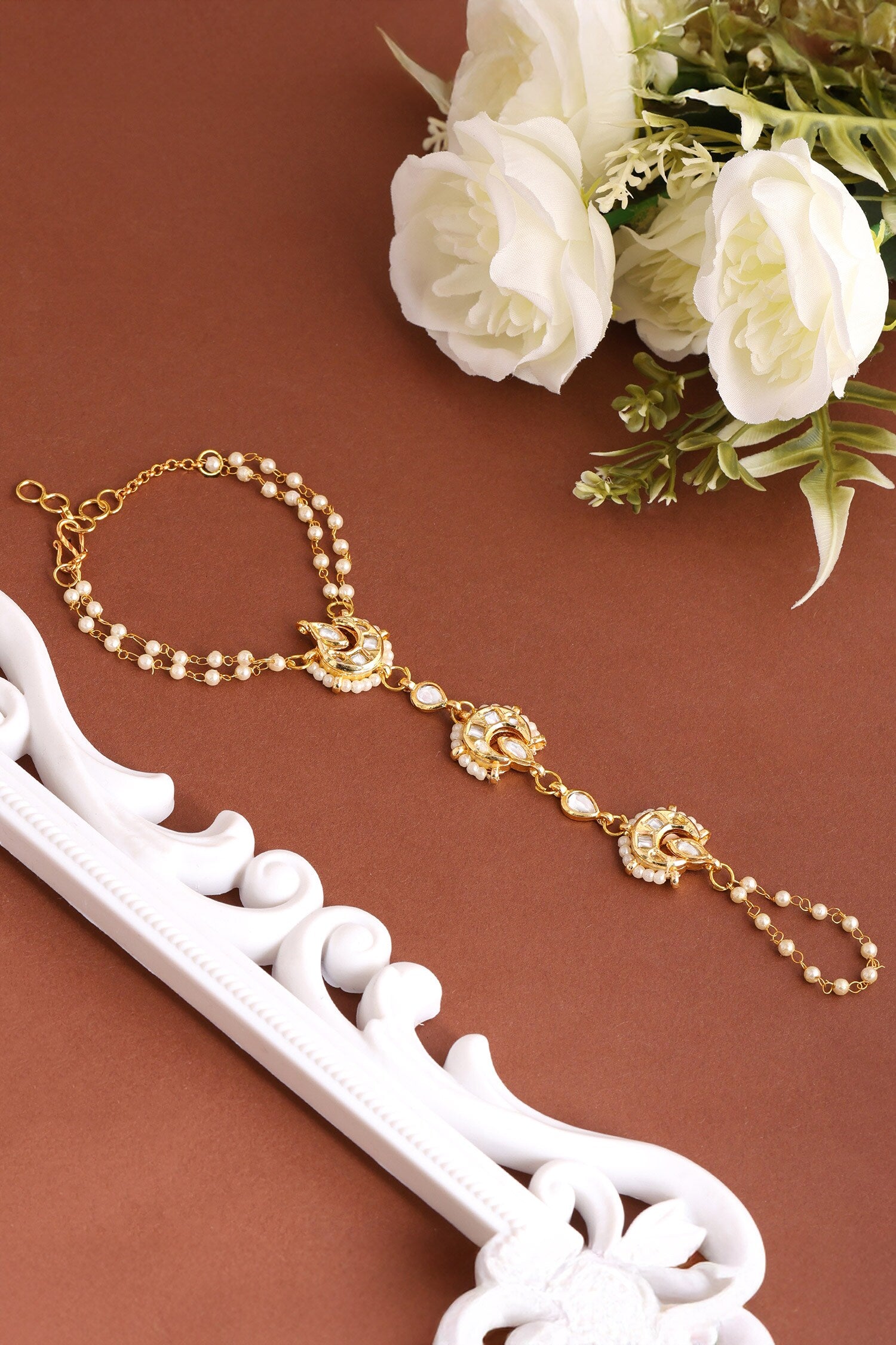 Kundan Brass Pearl Hand Harness 