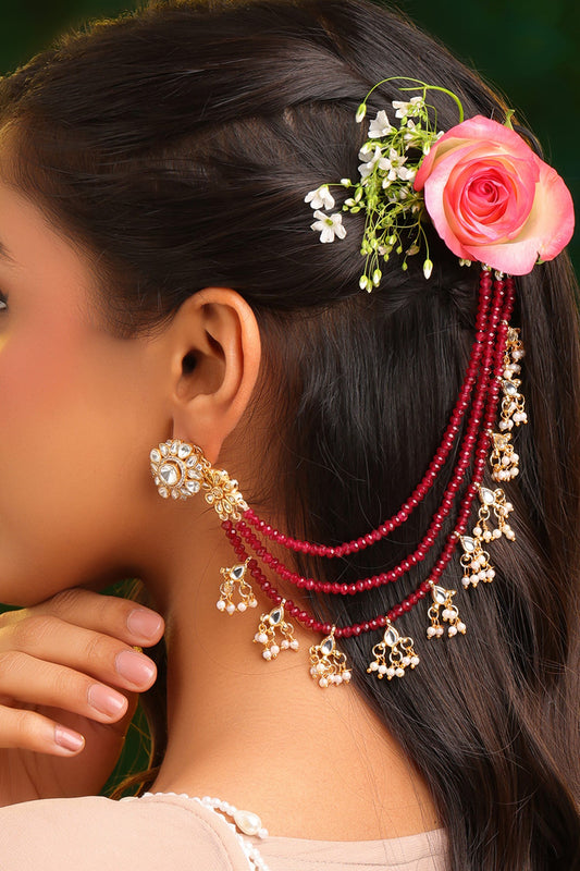 Kundan Red Bead Ear Chain - Set of 2 