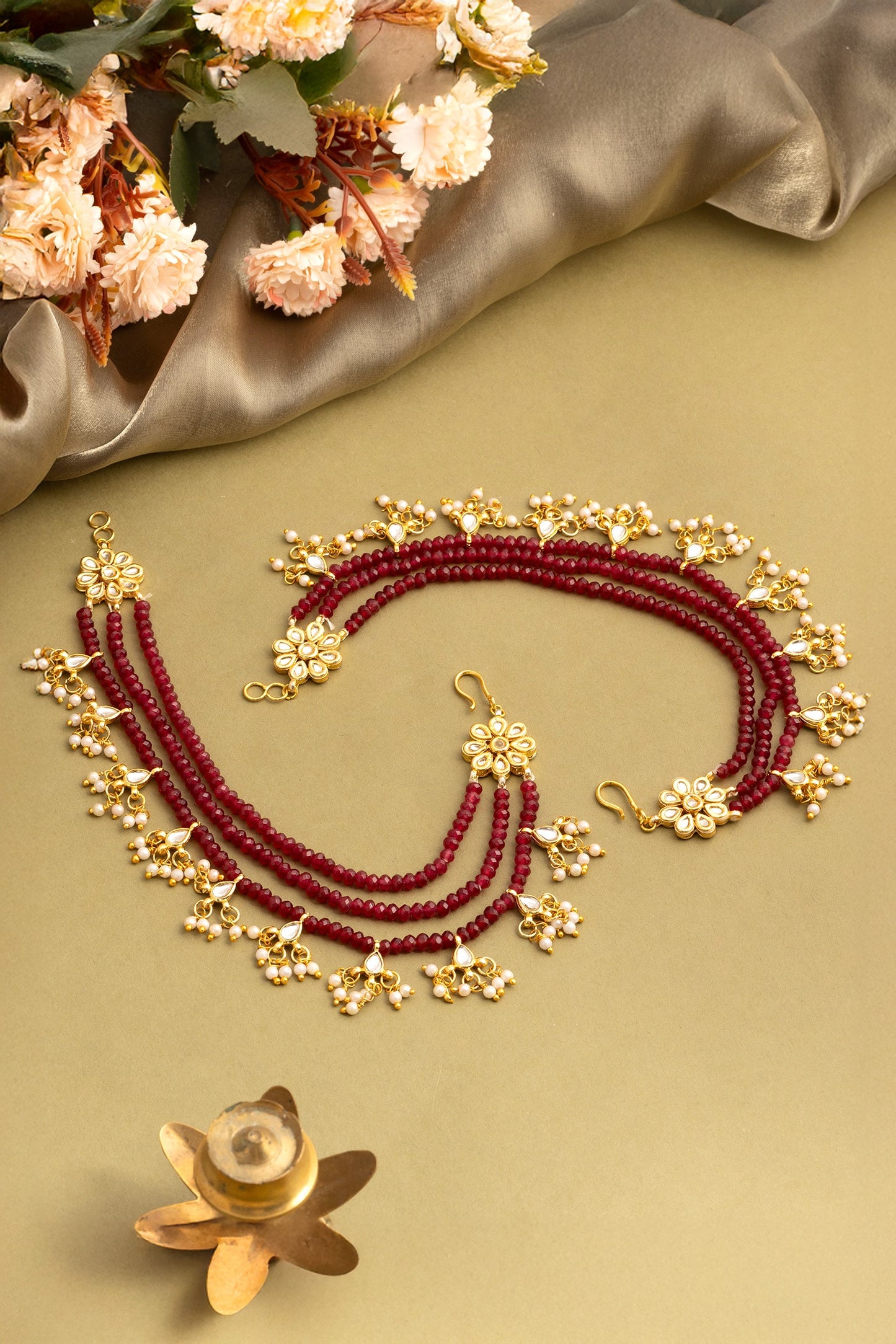Kundan Red Bead Ear Chain - Set of 2 