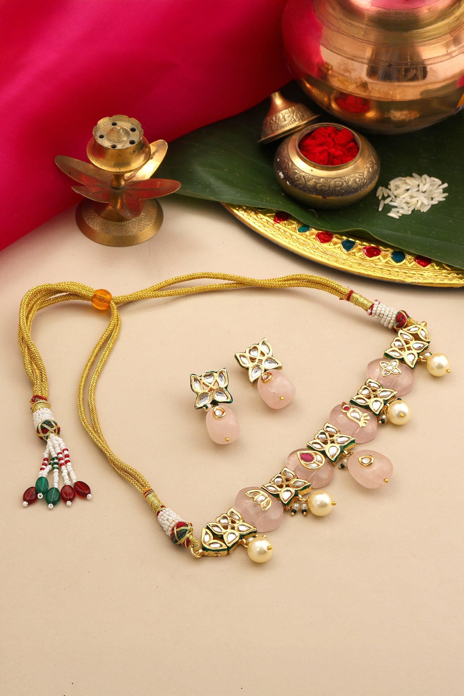 Kundan Pearl Embellished Necklace Set 