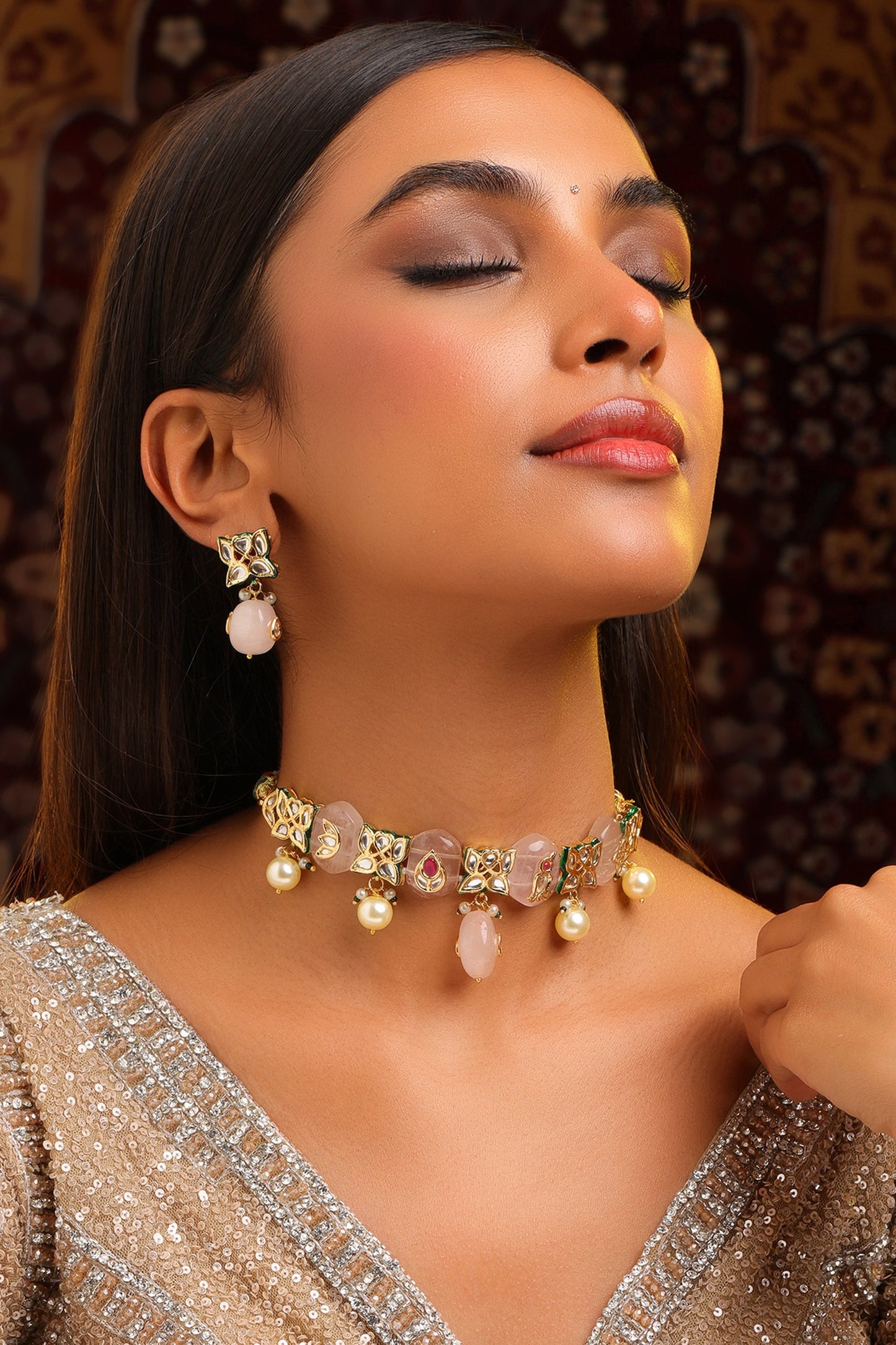 Kundan Pearl Embellished Necklace Set 