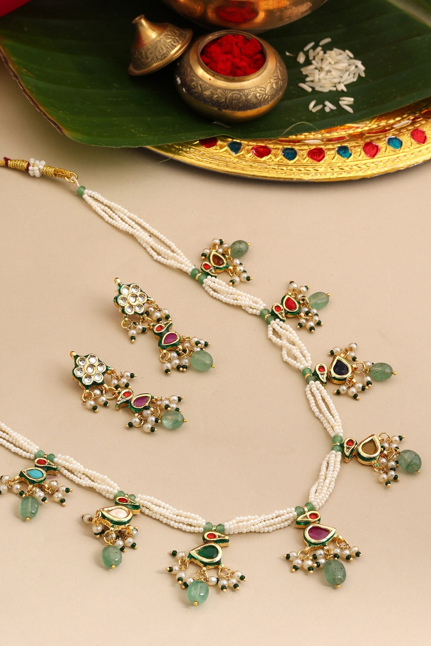 Kundan Pearl Embellished Necklace Set 