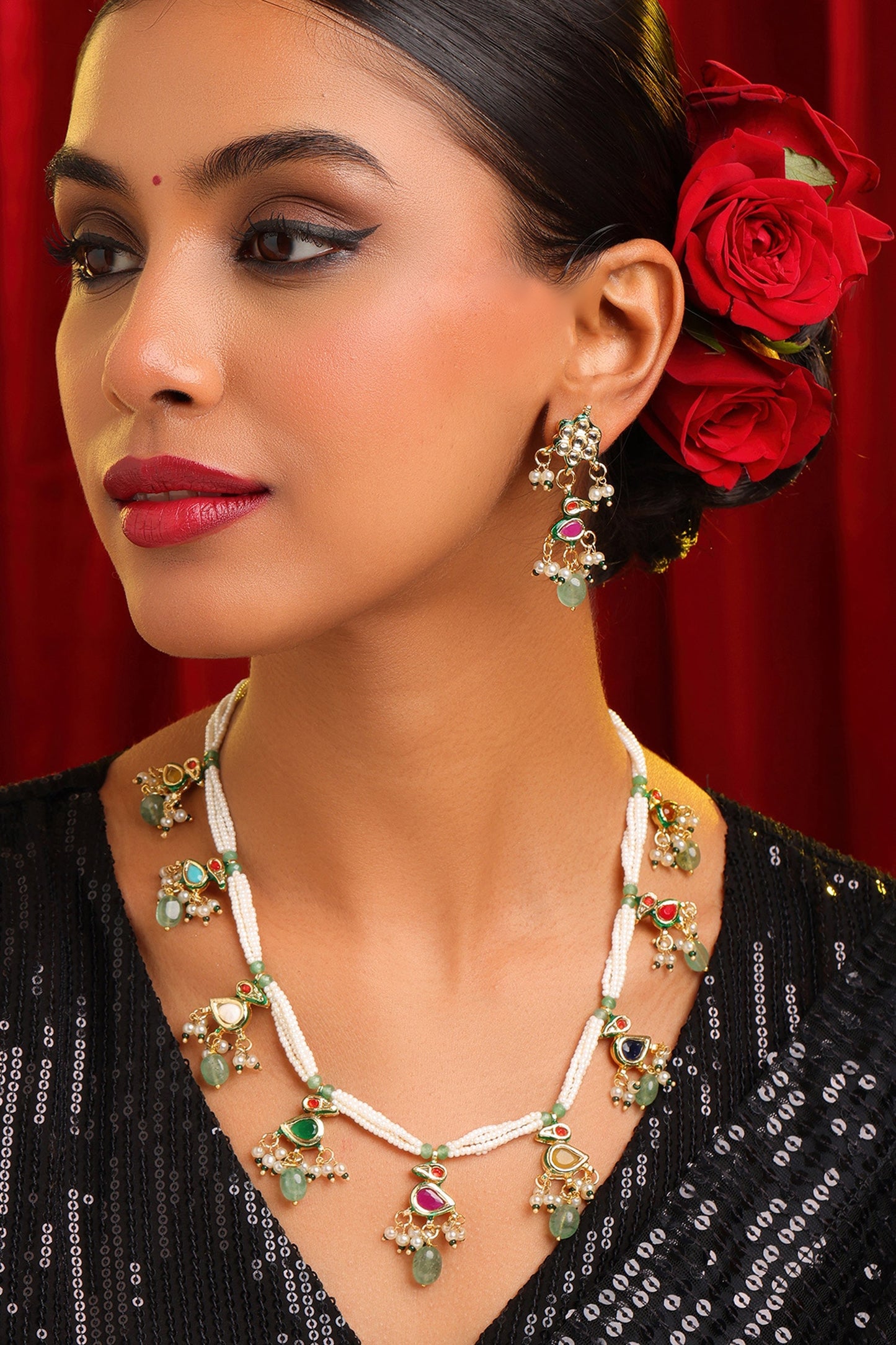 Kundan Pearl Embellished Necklace Set 