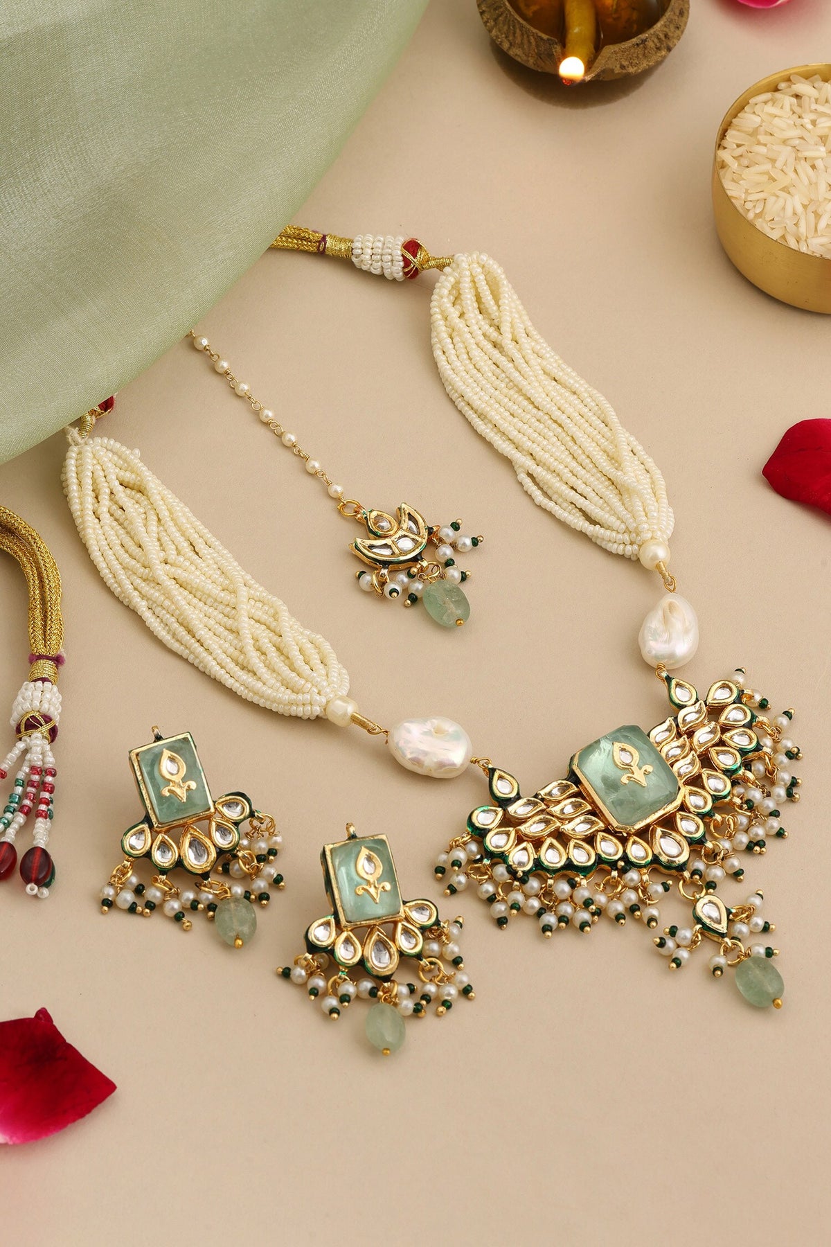 Kundan Pearl Embellished Pendant Necklace Set  