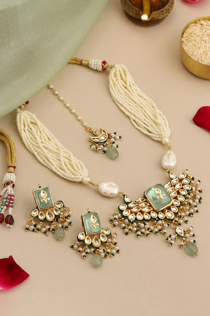 Kundan Pearl Embellished Pendant Necklace Set  