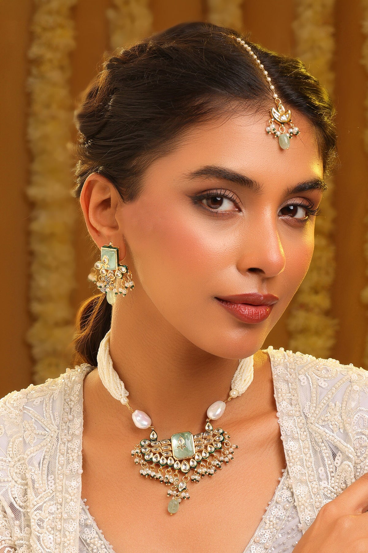 Kundan Pearl Embellished Pendant Necklace Set  
