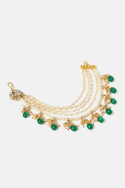 Kundan Pearl & Green Beads Pair of Ear Chains 