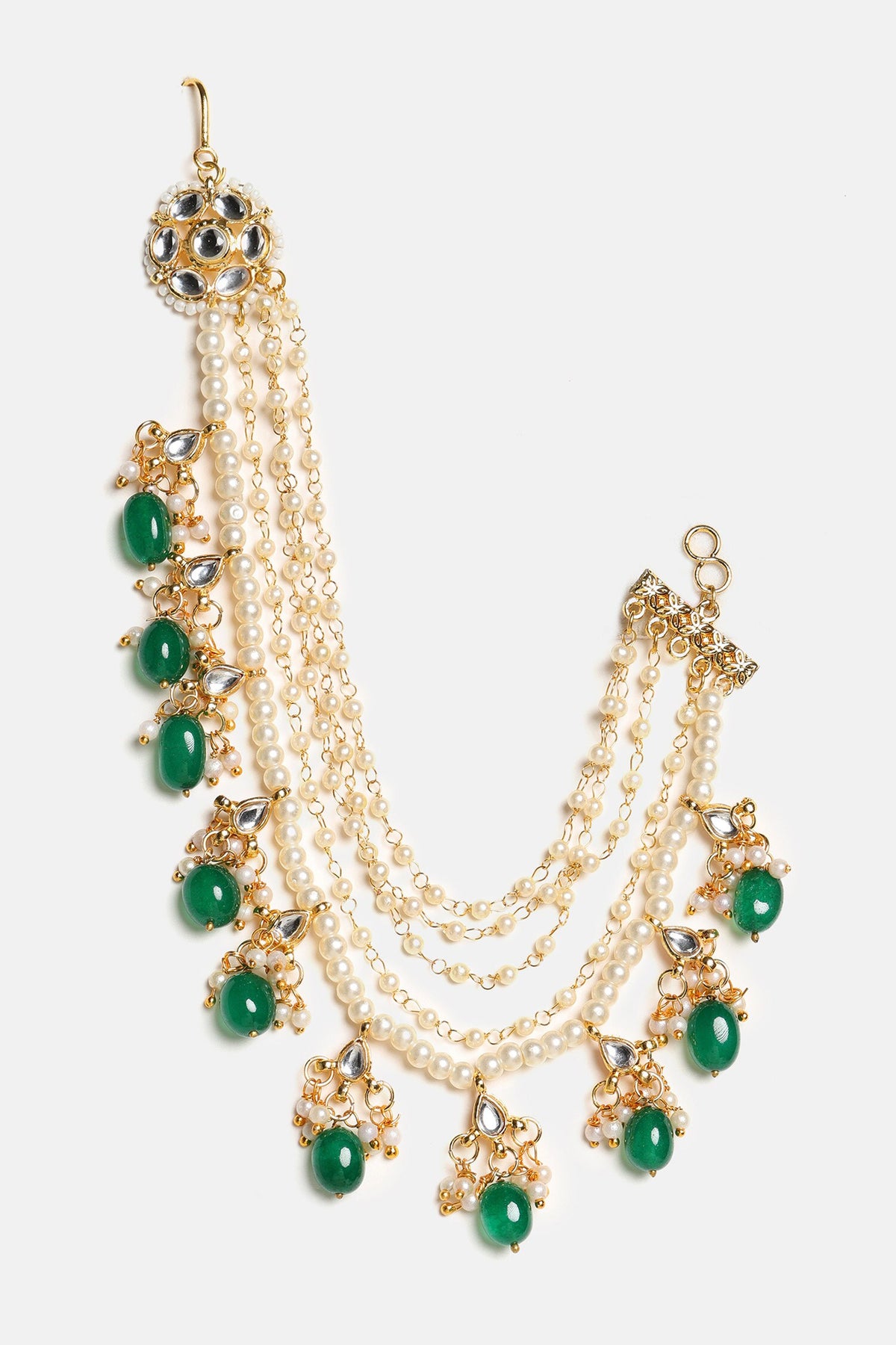 Kundan Pearl & Green Beads Pair of Ear Chains 